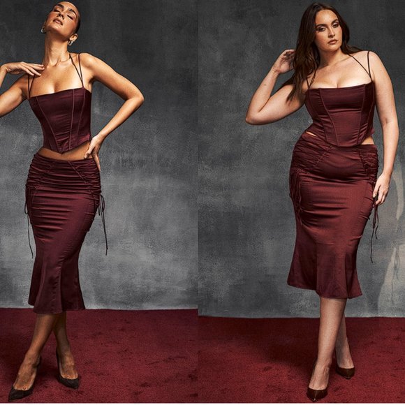 House of CB ‘Sidonie’ Wine Satin Lace Up Skirt NWOT - Picture 2 of 9